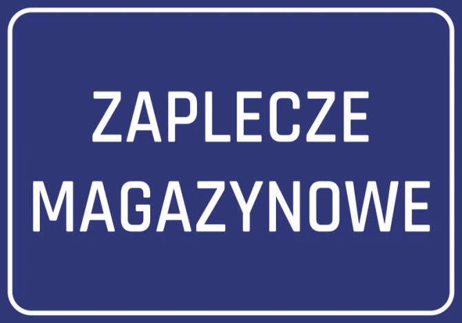 Naklejka Zaplecze magazynowe - Wzór graficzny. Prosty, prostokątny kształt z dużym napisem na ciemnym tle