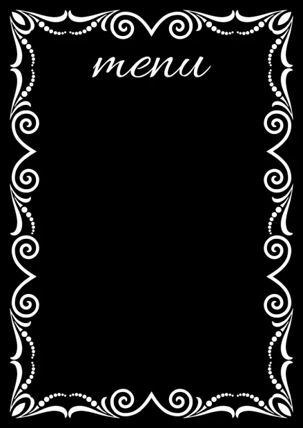 Tablica kredowa z nadrukiem Menu 087 - Wzór graficzny. Czarne tło z białymi, ozdobnymi ramkami i napisem menu