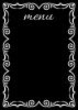 Tablica kredowa z nadrukiem Menu 087 - Wzór graficzny. Czarne tło z białymi, ozdobnymi ramkami i napisem menu