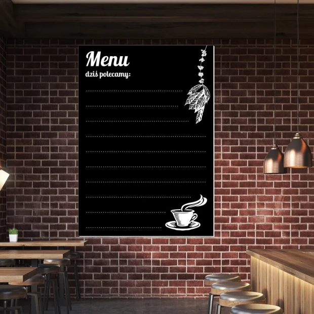 Tablica kredowa z nadrukiem Menu, dziś polecamy 038 - Aranżacja w kawiarni. Ciemne cegły i drewniane meble