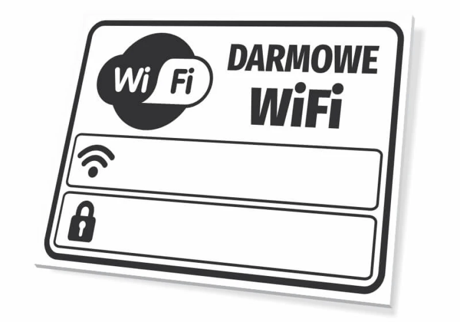 Tabliczka Darmowe WiFi - Wzór graficzny. Grafika przedstawia logo WiFi oraz napis Darmowe WiFi w prostokątnym kształcie