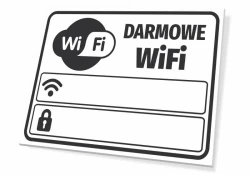Tabliczka Darmowe WiFi - Wzór graficzny. Grafika przedstawia logo WiFi oraz napis Darmowe WiFi w prostokątnym kształcie