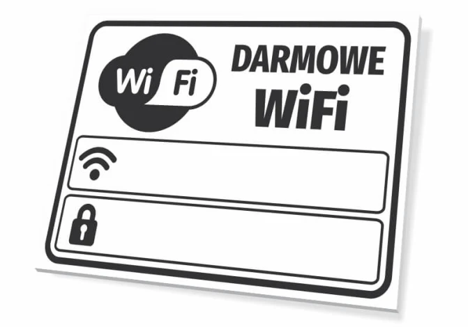 Tabliczka Darmowe WiFi - Wzór graficzny. Grafika przedstawia logo WiFi oraz napis Darmowe WiFi w prostokątnym kształcie