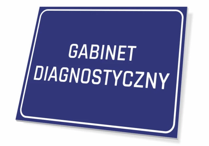 Tabliczka Gabinet diagnostyczny - Wzór graficzny. Prosta, prostokątna tabliczka z niebieskim tłem i białym napisem