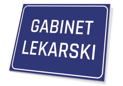 Niebieska tabliczka informacyjna na drzwi lub ścianę z białym napisem GABINET LEKARSKI i ramką