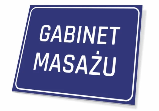 Niebieska tabliczka informacyjna na drzwi lub ścianę z białym napisem GABINET MASAŻU i ramką