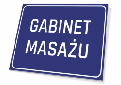 Tabliczka Gabinet masażu - Wzór graficzny. Prosta, prostokątna forma z białym napisem na niebieskim tle