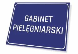 Tabliczka Gabinet pielęgniarski - Wzór graficzny. Prostokątna tabliczka z niebieskim tłem i białym napisem