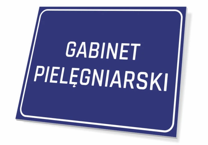 Tabliczka Gabinet pielęgniarski - Wzór graficzny. Prostokątna tabliczka z niebieskim tłem i białym napisem