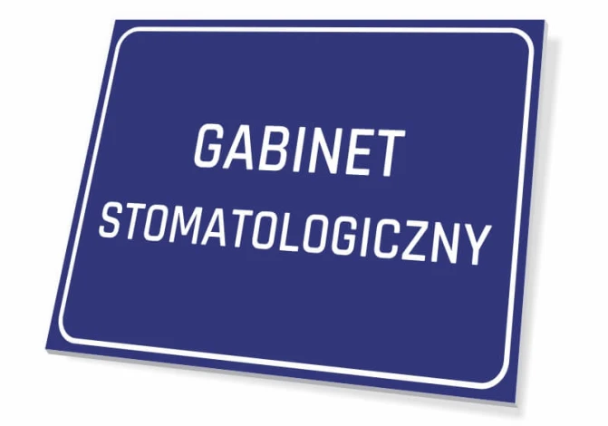 Tabliczka Gabinet stomatologiczny - Wzór graficzny. Prostokątna tabliczka z niebieskim tłem i białym napisem