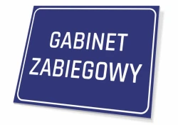 Tabliczka Gabinet zabiegowy - Wzór graficzny. Prosty prostokąt w niebieskim tle z białym napisem