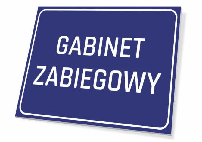 Tabliczka Gabinet zabiegowy - Wzór graficzny. Prosty prostokąt w niebieskim tle z białym napisem