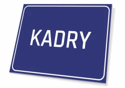 Tabliczka Kadry - Wzór graficzny. Prosta, prostokątna tabliczka z napisem KADRY na ciemnoniebieskim tle