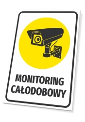 Tabliczka Monitoring całodobowy - Wzór graficzny. Prosta forma, żółte tło, czarna kamera i tekst