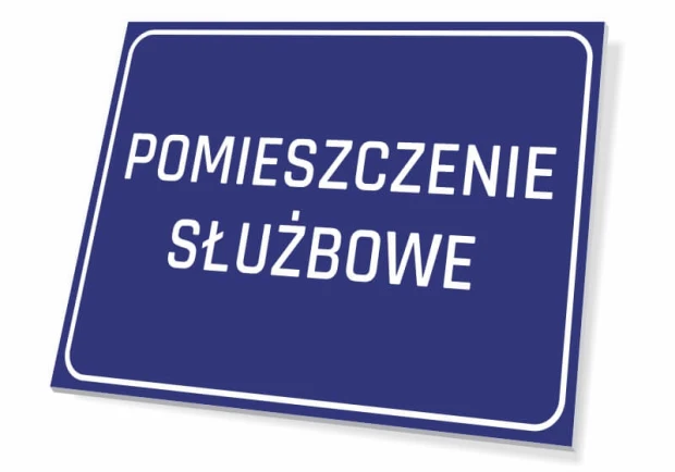 Niebieska tabliczka informacyjna na drzwi lub ścianę z białym napisem POMIESZCZENIE SŁUŻBOWE