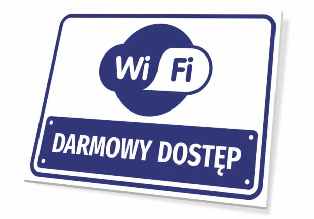 Tabliczka WiFi Darmowy dostęp - Wzór graficzny. Okrągły symbol WiFi na niebieskim tle z białym napisem