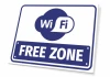 Tabliczka WiFi Free Zone - Wzór graficzny. Okrągły symbol WiFi w niebieskim tle, napis FREE ZONE dużymi literami