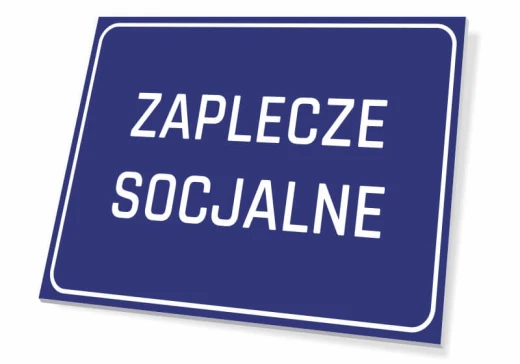Niebieska prostokątna tabliczka informacyjna na drzwi lub ścianę z białym napisem ZAPLECZE SOCJALNE