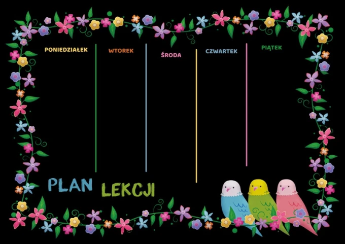Tablica kredowa dla dzieci plan lekcji 094 - Wzór graficzny. Czarny tle z kolorowymi kwiatami i trzema ptakami