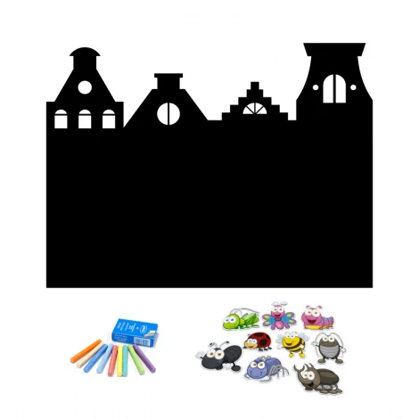 Tablica magnetyczna kredowa dla dzieci domki 243 - Wzór graficzny. Kształt domków z oknami i drzwiami, kolorowe magnesy