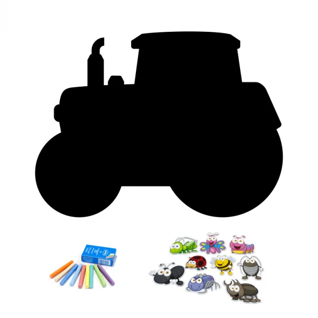 Tablica magnetyczna kredowa dla dzieci traktor 408 - Wzór graficzny. Traktor w kształcie czarnej sylwetki z kolorowymi