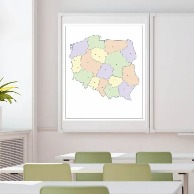 Nakładka magnetyczna suchościeralna konturowa mapa Polski 10 - Wzór graficzny. Mapa Polski podzielona na kolorowe obszary