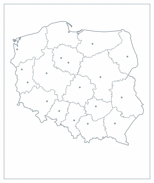 Nakładka magnetyczna suchościeralna konturowa mapa Polski 11 - Wzór graficzny. Mapa Polski z konturami województw i punktami