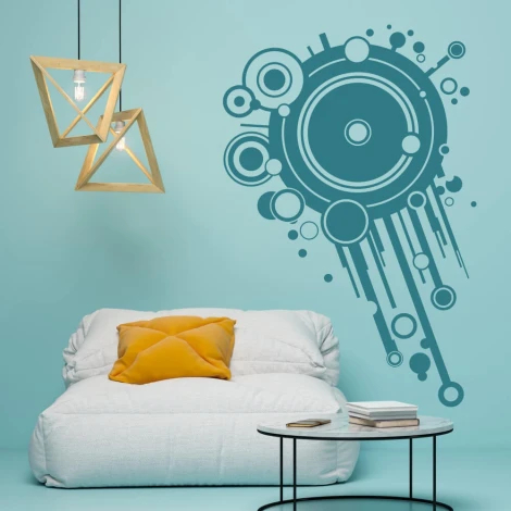 Szablon malarski abstrakcja 1072 - Aranżacja w salonie. Ściany w jasnym kolorze, nowoczesne meble i geometryczne lampy