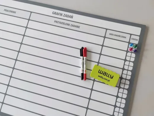 Tablica magnetyczna z nadrukiem grafiku zadań lean w zestawie z markerami, gąbką i magnesami