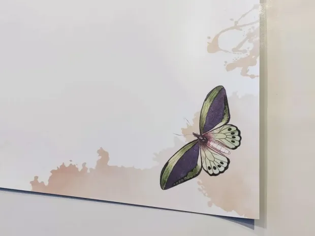 Tablica magnetyczna suchościeralna dla dzieci motyle 565 - Wzór graficzny. Motyl w kolorze zielonym i fioletowym na jasnym