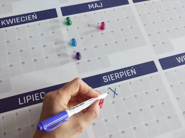 Tablica magnetyczna kalendarz suchościeralny uniwersalny roczny 352 - Wzór graficzny. Widoczne są prostokątne pola z nazwami