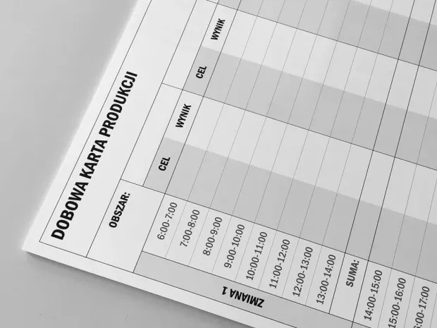 Tablica suchościeralna lean dobowa karta produkcji 069 - Wzór graficzny. Prosta tabela z wierszami i kolumnami, nagłówki