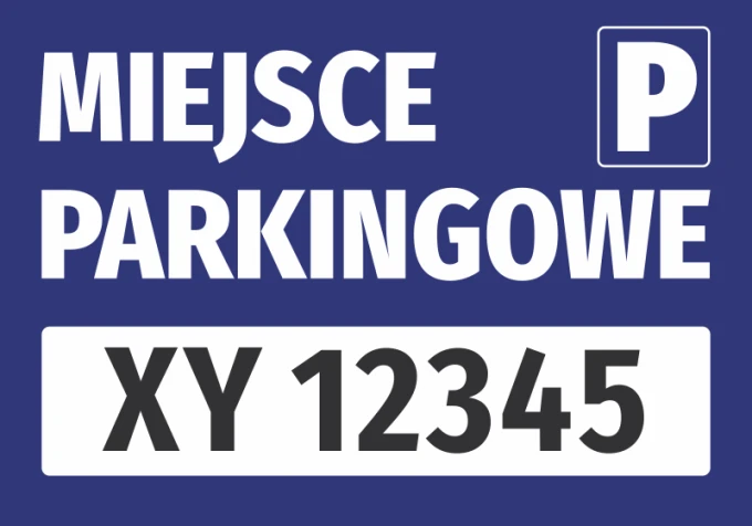 Naklejka Miejsce parkingowe, z polem na nr rejestracyjny pojazdu - Wzór graficzny. Niebieskie tło z białym napisem i polem