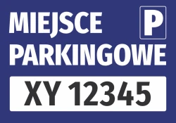 Naklejka Miejsce parkingowe, z polem na nr rejestracyjny pojazdu - Wzór graficzny. Niebieskie tło z białym napisem i polem