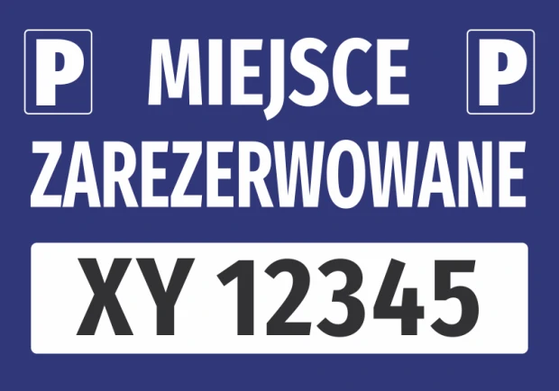 Niebieska naklejka parkingowa Miejsce zarezerwowane z piktogramami P i białym polem na numer rejestracyjny