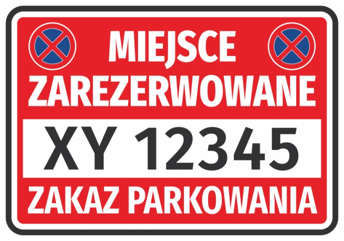 Naklejka Miejsce zarezerwowane, zakaz parkowania N619, z polem na nr rejestracyjny pojazdu - Wzór graficzny. Czerwone tło