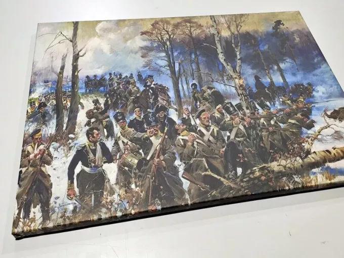 Reprodukcja Battle of Olszynka Grochowska, Kossak Wojciech - Wzór graficzny. Scena walki z żołnierzami w zimowym krajobrazie