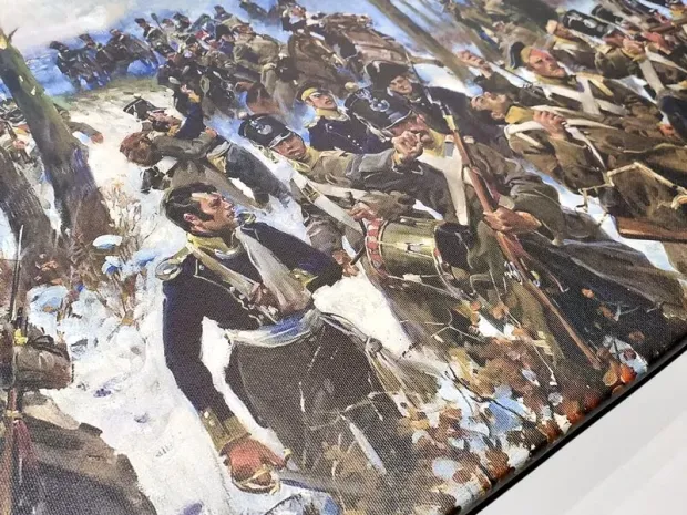 Reprodukcja Battle of Olszynka Grochowska, Kossak Wojciech - Wzór graficzny. Scena przedstawia żołnierzy w zimowym