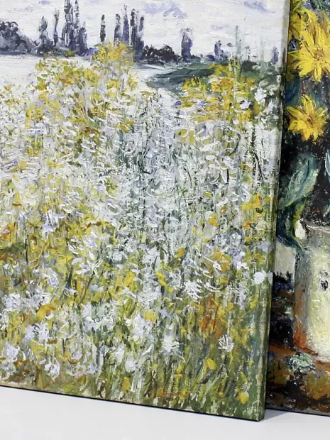 Reprodukcja Ile aux Fleurs near Vetheuil, Claude Monet - Wzór graficzny. Kwiaty w odcieniach żółci i bieli, tło z wodą