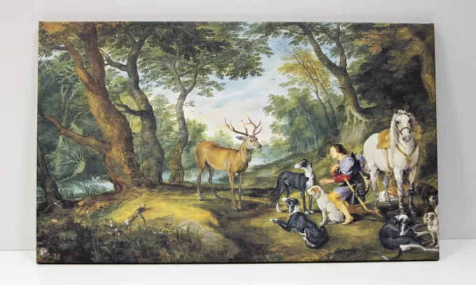 Reprodukcja Miracle of Saint Hubert, Peter Paul Rubens - Wzór graficzny. Scena leśna z jeleniem, postacią mężczyzny i psami