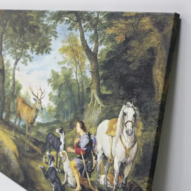 Reprodukcja Miracle of Saint Hubert, Peter Paul Rubens - Wzór graficzny. Obraz przedstawia postać mężczyzny z końmi i psami
