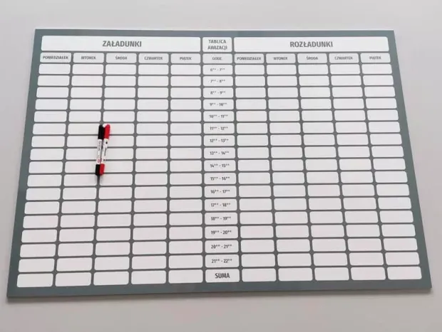 Tablica awizacji suchościeralna lean 118 - Wzór graficzny. Prostokątna tablica z siatką pól do wpisywania danych