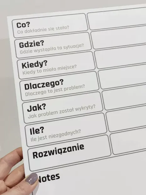 Suchościeralna tablica z nadrukiem do analizy problemów metodą 5W2H trzymana w dłoni