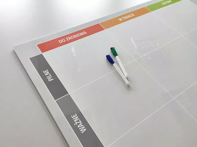 Tablica suchościeralna kanban lean board 138 - Wzór graficzny. Prostokątne pola w różnych kolorach z napisami