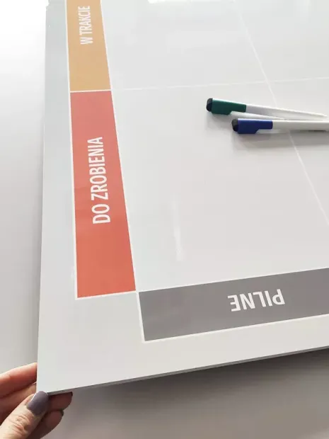 Tablica suchościeralna kanban lean board 138 - Wzór graficzny. Prostokąty w kolorach pomarańczowym, szarym i zielonym