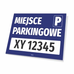 Tabliczka Miejsce parkingowe, z polem na nr rejestracyjny pojazdu - Wzór graficzny. Niebieskie tło z białym napisem i polem