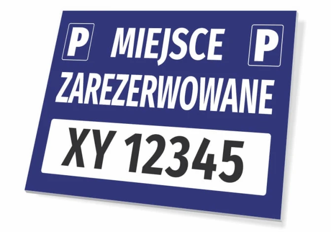 Tabliczka Miejsce zarezerwowane, z polem na nr rejestracyjny pojazdu - Wzór graficzny. Prostokątna tabliczka z niebieskim
