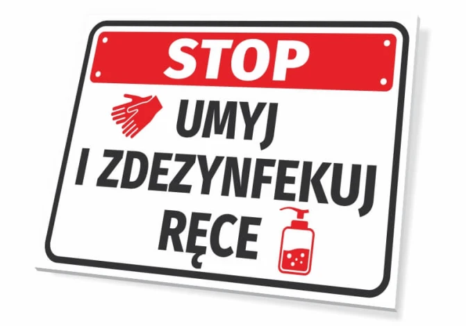 Tabliczka Umyj i zdezynfekuj ręce - Wzór graficzny. Czerwony napis STOP, grafika rąk i butelki z płynem