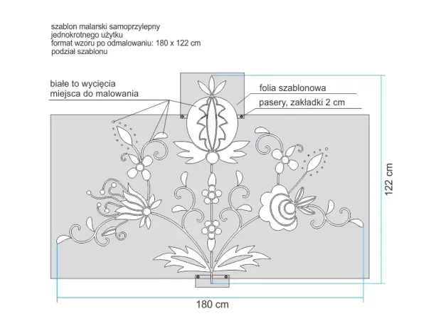 Indywidualny szablon malarski samoprzylepny jednorazowy w rozmiarze 192x130cm - Wzór graficzny. Wzór złożony z kwiatów