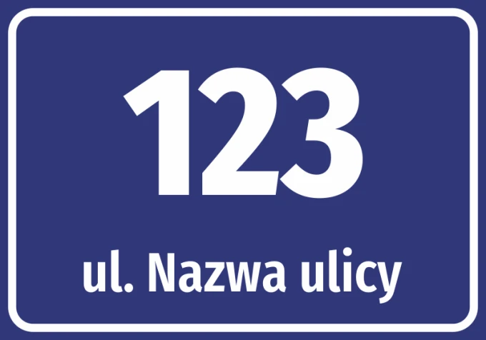 Naklejka adresowa z ulicą i numerem domu - Wzór graficzny. Prostokątna naklejka z białym tekstem na niebieskim tle